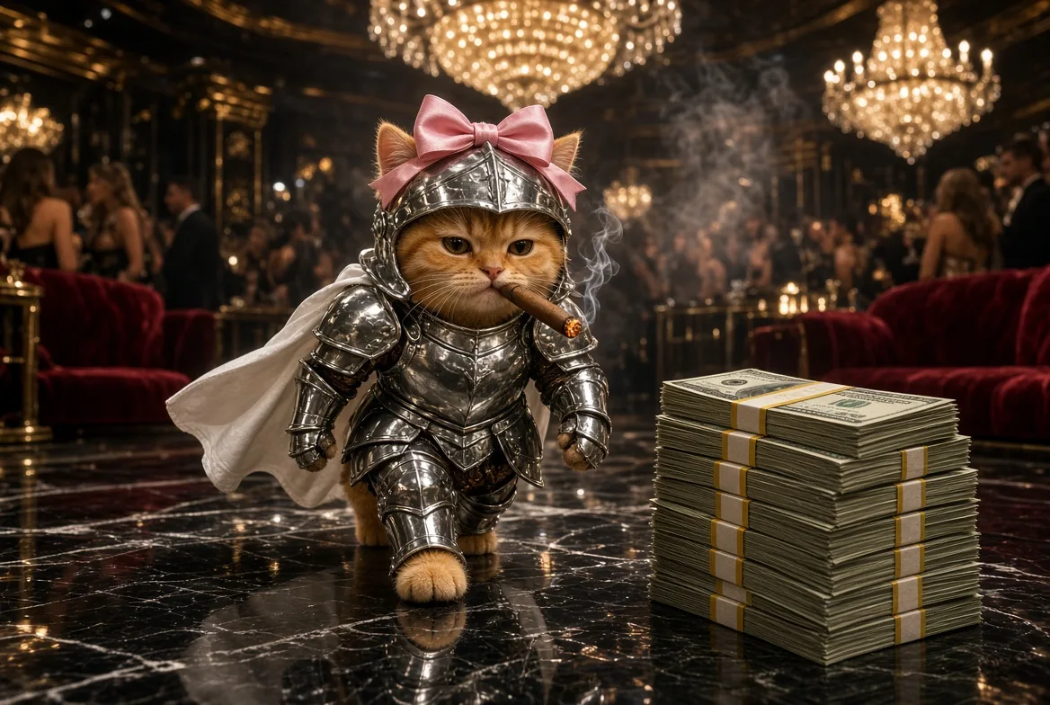 The cat in a helmet with a pink bow walking through a chandelier-lit gala next to a stack of cash