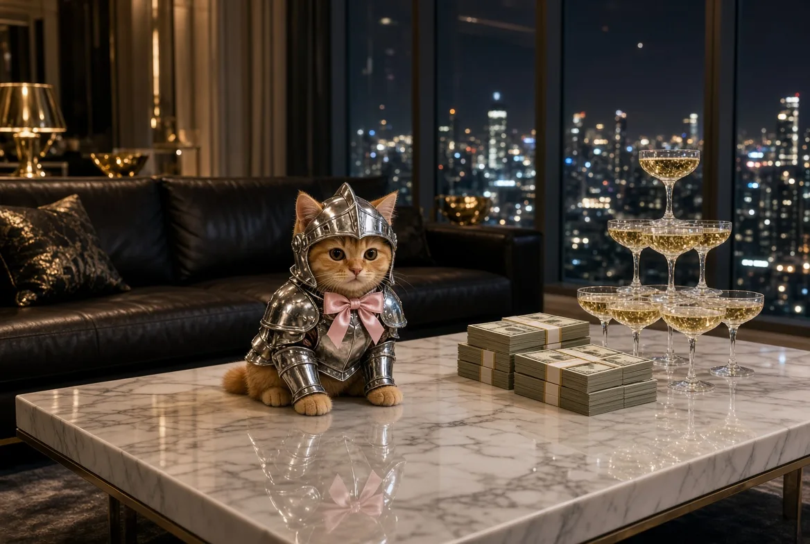 The cat on a marble table in a penthouse beside cash and a champagne tower