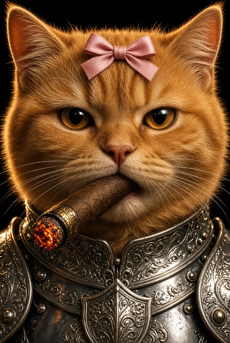 Ginger cat in engraved silver armour with a pink bow, holding a lit cigar