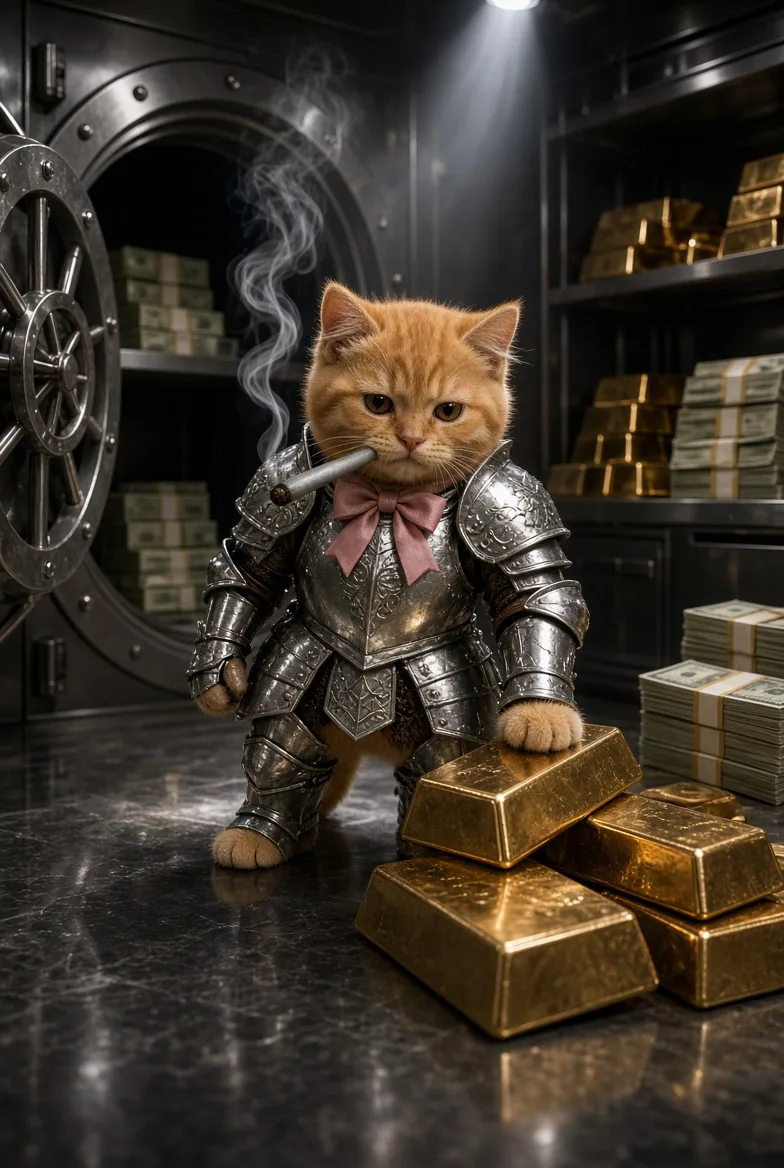 The armoured cat in a bank vault beside gold bars and stacks of cash