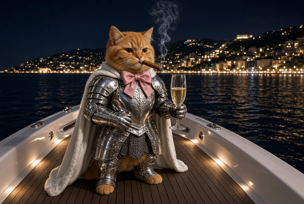 The cat on a yacht deck at night holding champagne, city lights behind